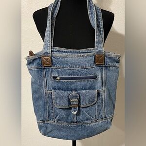 Denim Tote Bag with Brown Accents 14X16 Work Office Carry All Dark Washed
